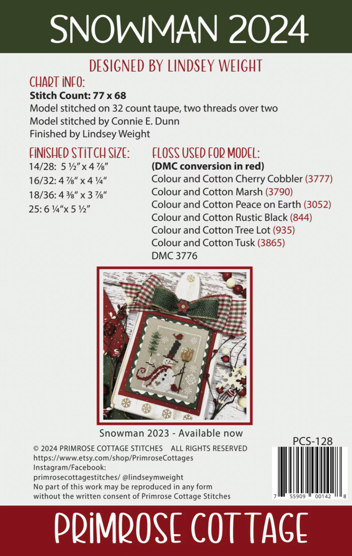 Primrose Cottage Stitches Snowman 24 PCS-128